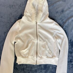 SHEIN White Cropped Fuzzy Hooded Sweater with Zip